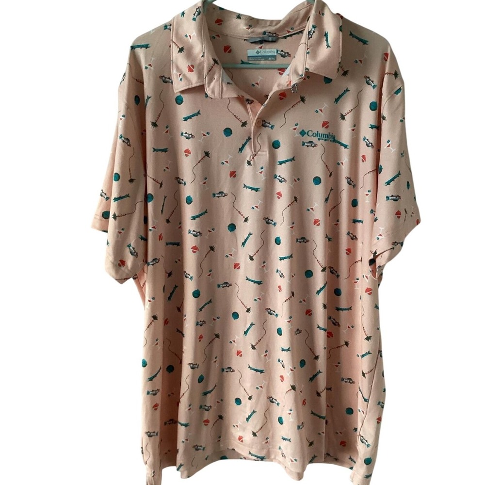 Columbia PFG Polo Shirt Men XL Peach Fishing Cocktails Palm‎ Print Stretch